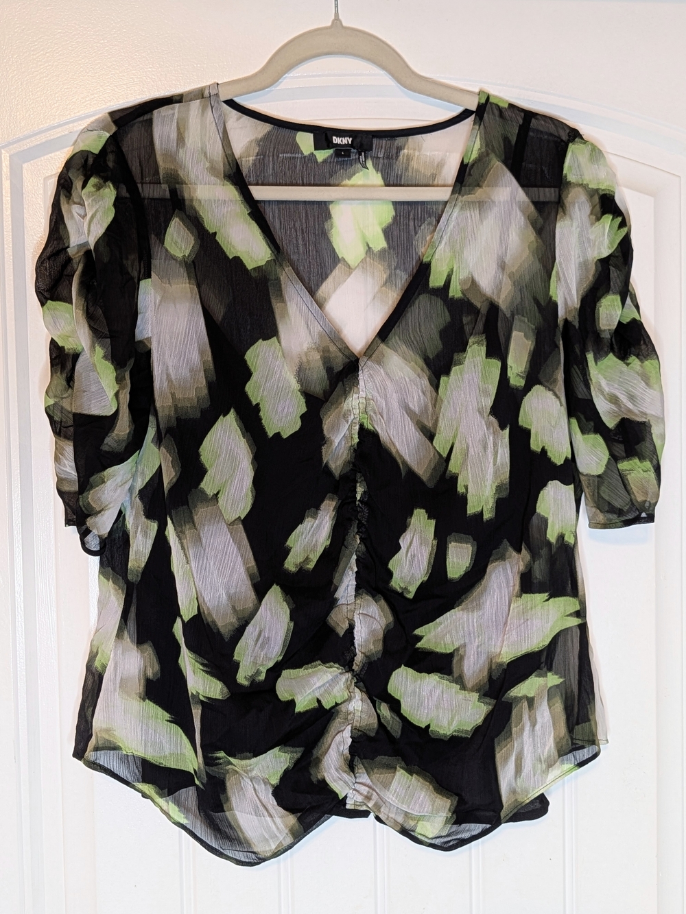 DKNY Abstract Printed Runched Front Short Sleeve V Neck Top